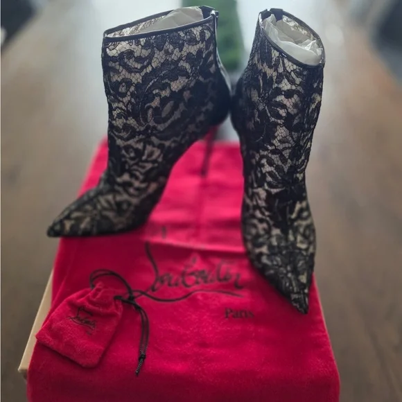 Christian Louboutin Black and Cream Lace Ankle Boots - Picture 5 of 7